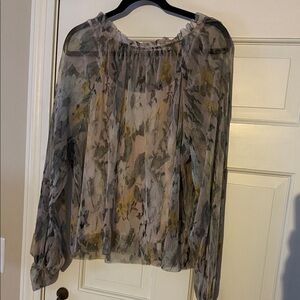 Anthropologie Sheer Floral Blouse - Gray and Yellow